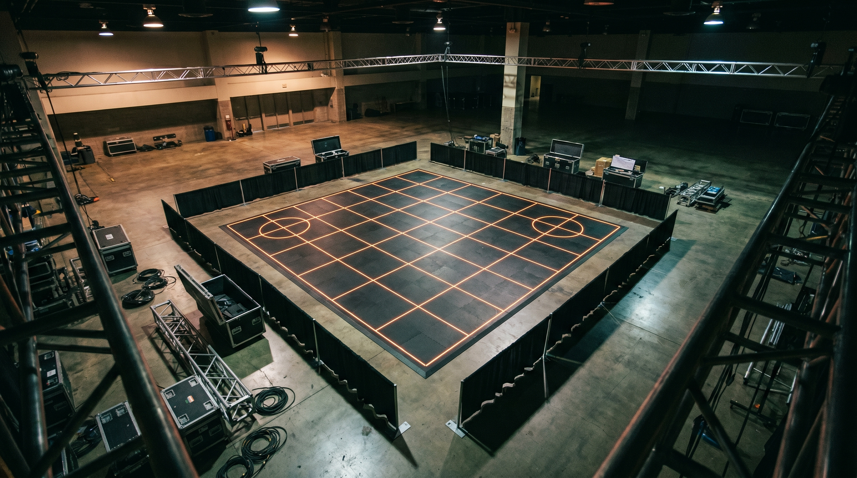 Modular MR arena floor being set up in a convention hall